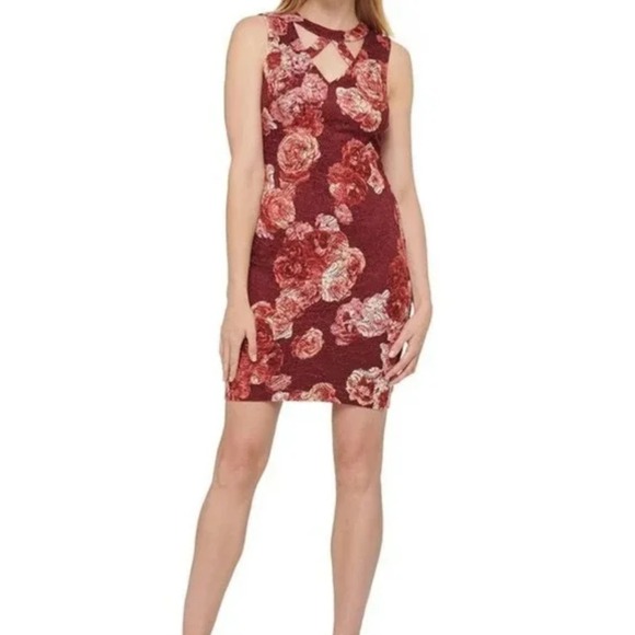 Guess Maroon Floral Lace Body Conscious Cut Out Dress‎ Size 4 NWT - Picture 1 of 9